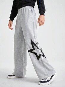 SHEIN Teen Boys' Fashionable Streetwear Style Flame & Star Print Casual Sweatpants, Suitable For Autumn/Winter Daily Wear