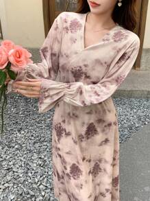 DAZY Abito lungo a maniche lunghe con scollo a V incrociato e stampa floreale, abito autunnale per donna - Multicolore - Visualizzare 8