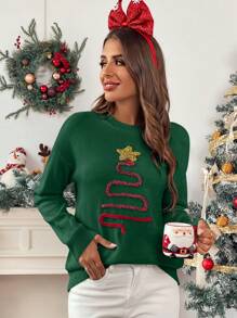Chiquease Áo len nữ cổ tròn họa tiết cây thông Noel và ngôi sao, ấm áp, thích hợp mặc mùa thu đông. - màu xanh lá - Xem 6