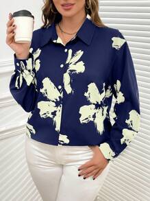 SHEIN Clasi 1pc Women Plus Size Full Open Black Base Printed Long Sleeve Shirt, Suitable For Autumn/Winter