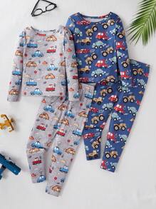 SHEIN 2pcs/Set Boy Dinosaur Print Pajama Set Including Long Sleeve Tight Top And Long Pants, Simple All-Over Print Design, Snug Fit, Designed For Young Boys - Multicolor - View 1