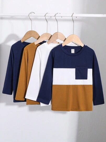 SHEIN 4 件套儿童休闲纯色和撞色圆领长袖 T 恤，舒适百搭，适合户外、室内、学校、派对、圣诞节、新年、春夏秋冬