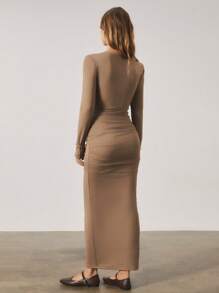 SHEIN Unity Women Long Khaki Sleeve Bodycon Ruched Long Dress, Winter