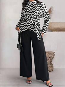 Celure Plus Size Women 2pcs Set: Striped Wave Pattern Stand Collar Long Sleeve Top And Wide Leg Pants, Loose Fit, Autumn