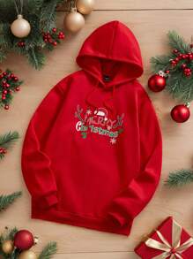 Manfinity Homme Sudadera con capucha casual con estampado de letras navideñas para hombre, manga larga, sudadera, vacaciones, gráfico colorido, sudadera rojo oscuro, regalo para amigos, esposo, novio