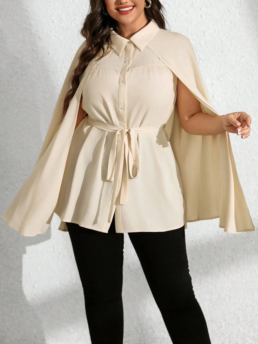SHEIN Unity Blusa informal elegante con cuello de bufanda y cintura ceñida para uso diario, color albaricoque - Albaricoque - Ver 1