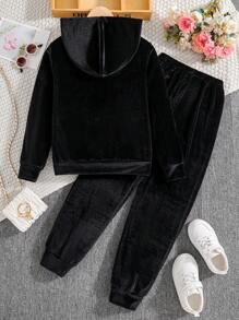 SHEIN 2 件装少女休闲舒适百搭心形和字母公主印花连帽衫和天鹅绒长裤，适合秋冬季学校和户外穿着 - 黑色 - 查看 2