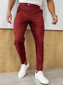 Manfinity Homme Men's Red Linen Texture Suit Pants, Suitable For Christmas Parties And Everyday Wear - Burgundy - View 8