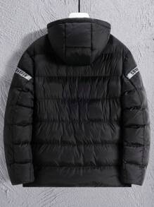 Manfinity Homme 男士纯色宽松休闲连帽拉链加厚外套，冬季 - 黑色 - 查看 2