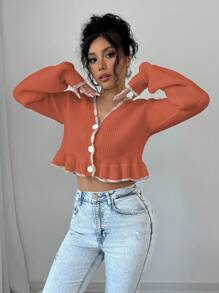 Elenzga Women Casual Contrast Color Ruffle Trim Cardigan, Autumn Fall Cloth For Women - Orange - View 4