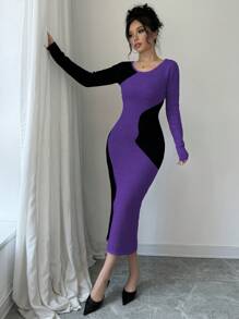 Elenzga Women Color Block Crew Neck Bodycon Long Sleeve Sweater Dress - Purple - View 6