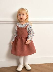 Souflis Souflis 2pcs/Set Baby Girl Vintage Ditsy Floral Frill Collar Long Sleeve Shirt And Corduroy Sleeveless Dress Suit, Retro & Sweet Style, Autumn/Winter