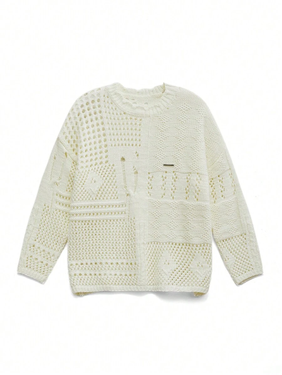 NEON BLANC Jersey holgado de cuello redondo de manga larga con diseño calado, unicolor casual para hombres, otoño/invierno - Beis - Ver 1