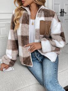 SHEIN LUNE Stand Collar Zipper Front Pocket Plaid Double-Faced Wool Jacket, Casual And Elegant Outerwear Suitable For Outdoor And Home, Warm For Women In Autumn And Winter