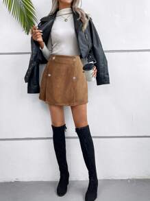 SHEIN Clasi Women Front Button Simple A-Line Skirt, Casual Daily Wear - Mocha Brown - View 4