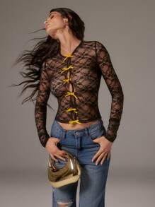 SHEIN Unity Women's Sexy Sheer Lace Bow Decor Blouse