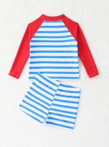 SHEIN 2 件装男婴可爱螃蟹印花插肩袖上衣和条纹泳裤，适合海滩、泳池、游泳、水上乐园、冲浪、夏季 - 彩色 - 查看 2