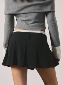 SHEIN Unity Chân váy xếp ly mini Colorblock dành cho nữ, trang phục thường ngày và công sở - màu đen - Xem 2