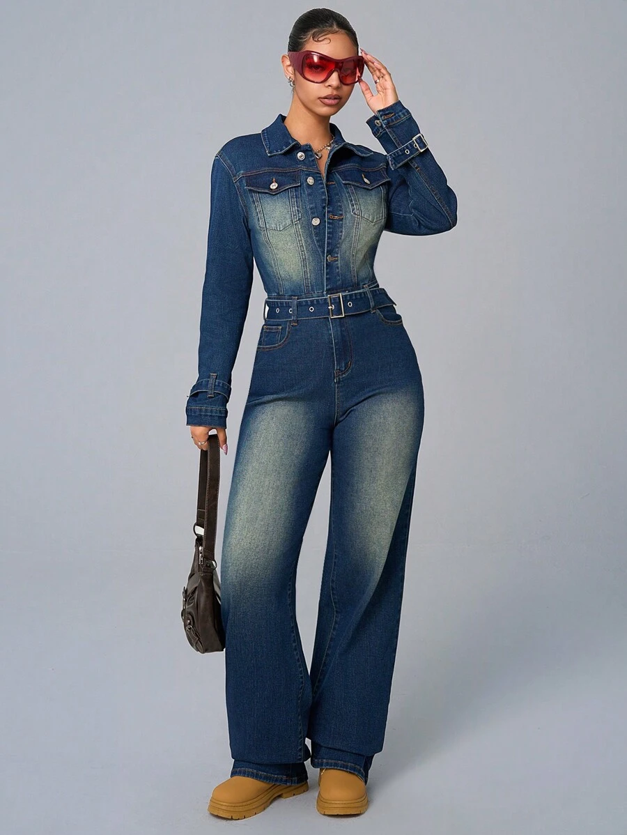SHEIN ICON 女式撞色腰带扣前口袋休闲长袖牛仔连身裤 - 藍色 - 查看 1