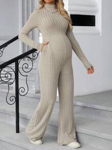 SHEIN Maternity Solid Color Stand Collar Long Sleeve Ribbed Pocket Casual Jumpsuit - Apricot - View 3