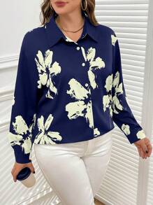 SHEIN Clasi 1pc Women Plus Size Full Open Black Base Printed Long Sleeve Shirt, Suitable For Autumn/Winter