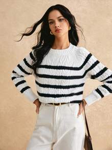 Poéselle Suéter a rayas en blanco y negro, suéter de mujer, suéter de mujer de cuello redondo de manga larga casual con jacquard a rayas para otoño/invierno, atuendos de mujer en otoño, ropa de mujer en invierno, piezas esenciales de otoño y invierno, cálido y cómodo, fácil de usar y combinar