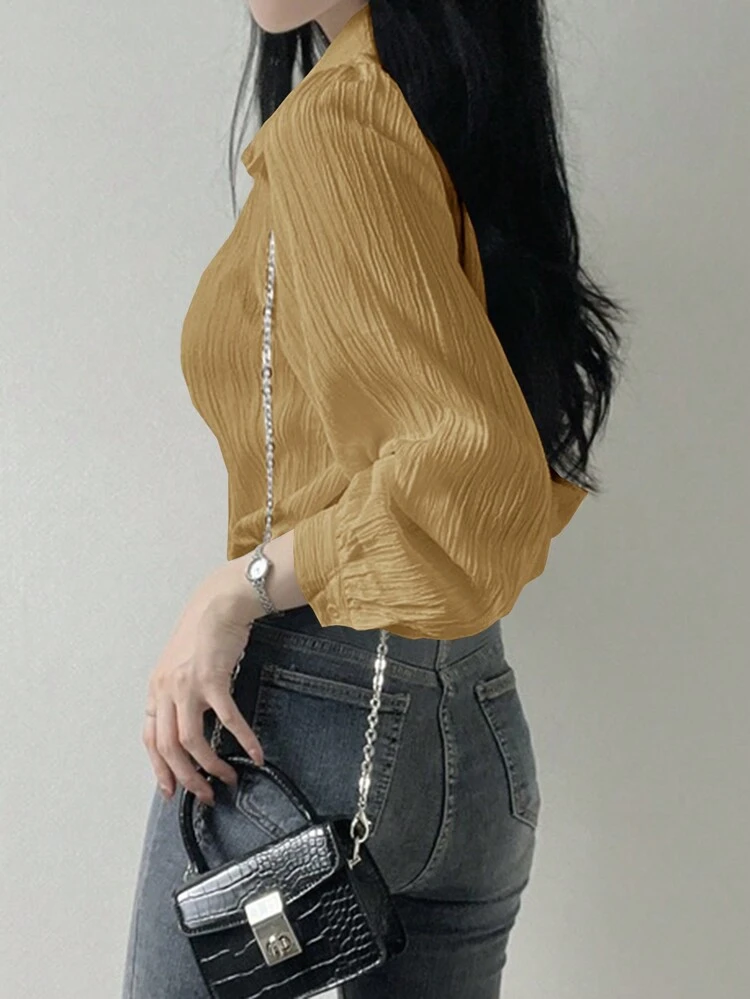 Women's Pleated Solid Color Loose Fit Collared Shirt, Yellow, Spring/Summer/Autumn Preppy Tops,Fall Women Clothes Long Sleeve Top