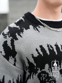 Manfinity Hypemode Men's Casual Contrast Color Pattern Drop Shoulder Pullover Sweater, Autumn/Winter