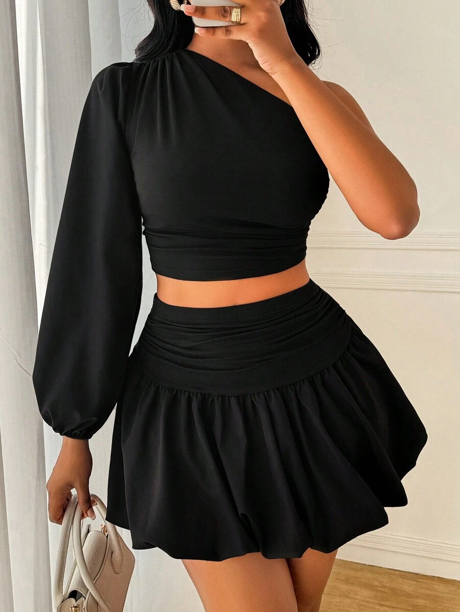 VaVaBold 2pcs Set Black Ruched Puff Sleeve Top And Mini Ruffle Hem Skirt Fall Cloth For Women - Black - View 1