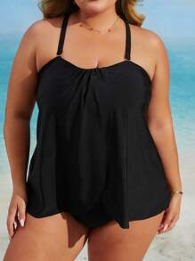Swim Lushoire Plus Size Women Slip-Resistant Spaghetti Strap Camisole Tankini Summer - Black - View 4