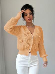 Elenzga 女士休闲纯色蝴蝶结装饰开衫，秋冬 - 黃色 - 查看 3