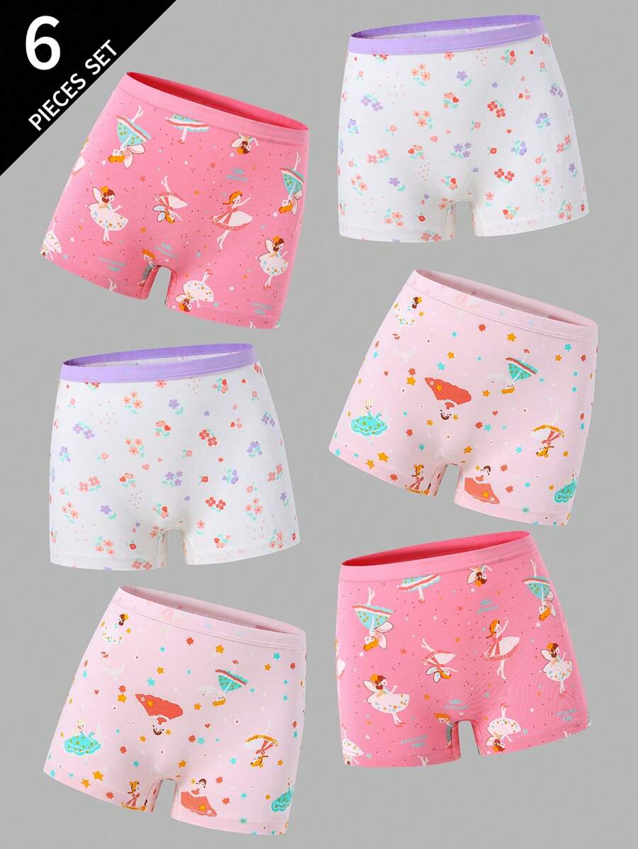 SHEIN 6pcs/Set Young Girl' Pink Series Fairy Source 100% Cotton Comfortable Printed Briefs