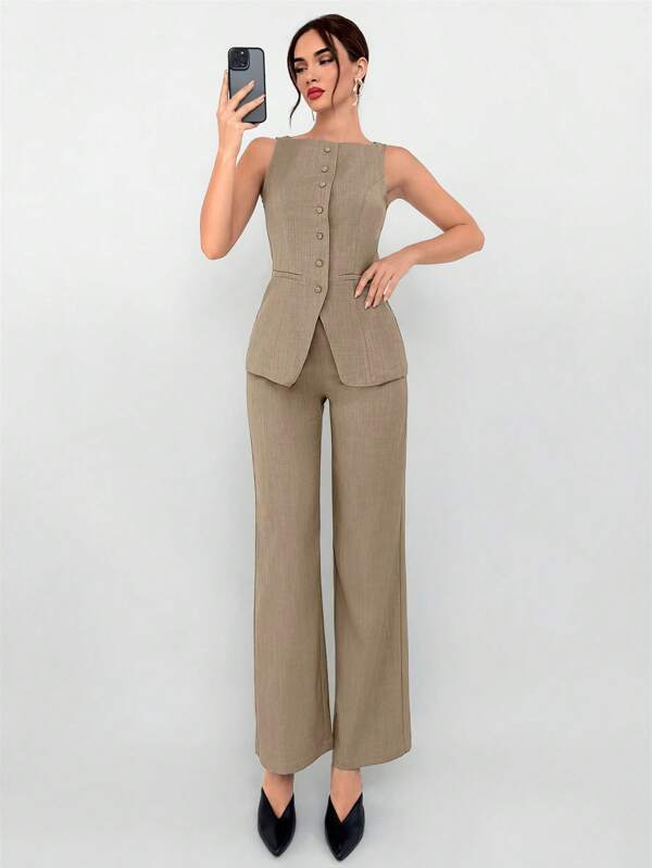 Aloruh 2pcs Women Business Suit Set: Khaki Collarless Vest With Faux Pockets & Long Pants, Professional Outfit For Office, Autumn/Winter
