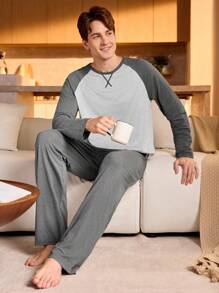 Manfinity Underwear&Sleepwear Basics Conjunto de pijama de manga larga con bloque de color en contraste y pantalones para hombre