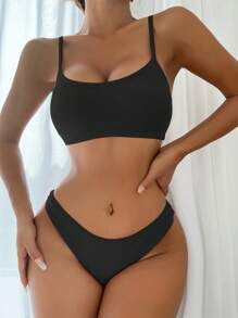 Set de lencería liso de canalé - Negro - Ver 1