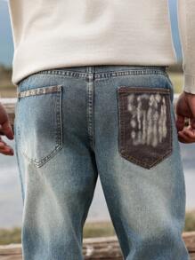 Manfinity Homme 男士基本款前扣口袋牛仔裤，日常休闲装，纯色修身长款水洗浅蓝色工装牛仔裤，适合送给丈夫、男朋友的礼物 - 藍色 - 查看 4