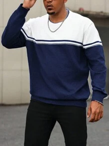 Manfinity Homme Áo len dệt kim cổ tròn kẻ sọc cỡ lớn cho nam, Thu/Đông, Áo len sọc cho nam, Áo len xanh navy cho nam, Áo len dài tay cho nam, Áo len dệt kim cho nam, Áo len phối màu cho nam - Màu xanh hải quân - Xem 7