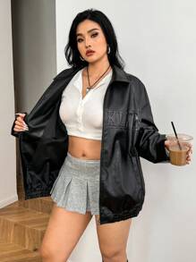 SHEIN EZwear 大码女式黑色字母压纹拉链休闲夹克，适合秋季、冬季的街头风格 - 黑色 - 查看 8