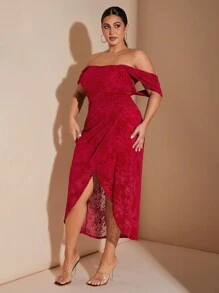 SHEIN BAE Plus Size Red Summer Elegant Satin Party Mesh All-Over Floral Print Flocked Tube Top Draped Suspender Wrap Overlapping Pleated Slit Bodycon Dress - Red - View 4