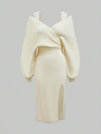 Kawaii Robe pull femme avec col en V profond, patchwork en dentelle, manches lanternes et ourlet fendu