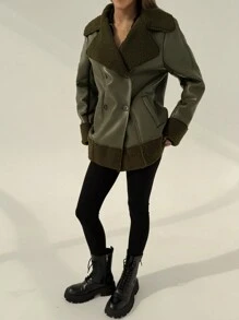 Aloruh Elegant Green Fluffy Collar &  Lining Ski Jacket With Double Breasted, Long Sleeve, Suitable For Outdoor Activities,Fall And Winter,Long Sleeve - Army Green - View 6