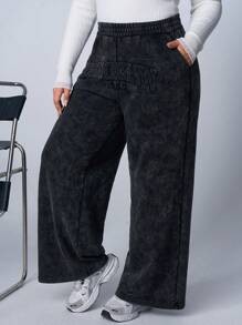 SHEIN EZwear 大码黑色水洗宽松字母运动裤 - 黑色 - 查看 7