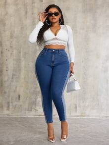 SHEIN SXY 大码女式弹力蓝色牛仔紧身裤，侧面有个性化拼接 - 藍色 - 查看 6