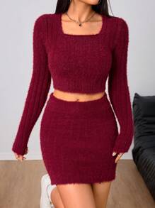 Chiquease 2 件女式休闲纯色短款毛衣和毛衣裙套装，秋冬，2 件秋季服装 - 酒紅色 - 查看 6