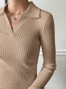 DAZY 1pc Business Casual Plain Collar Ribbed Long Sleeve Sweater Pullover,Fall Clothes - Apricot - View 2