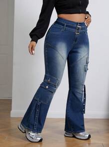SHEIN EZwear Plus Size Fashionable Casual Washed Flap Pocket Flare Jeans