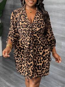 Slaydiva Elegant & Daily & Commuting & Party & Dating Sexy Tight Leopard Print Long Sleeve Shirred Twist Front Drawstring Waist Mini Shirt Dress, Spring & Autumn, Plus Size - Brown - View 6