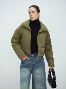 Aalyst Abrigo corto casual de mujer con hombros caídos, unicolor, acolchado, para ropa de invierno