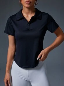 Easithlete Women Stylish Minimalist Zipper Half-Placket Breathable Short Sleeve Sports Polo Shirt - Black - View 4