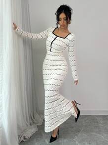 Modelyn 1 Peça Vestido Longo Elegante de Malha Jacquard em Bloco de Cor Abricó para Mulheres, Conjunto Longo de Vestidos de Noite para Mulheres - Damasco - Visão 4